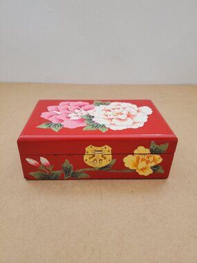 Decorative Oriental Red Jewelry Box With Embossed Floral Design Gold Accents